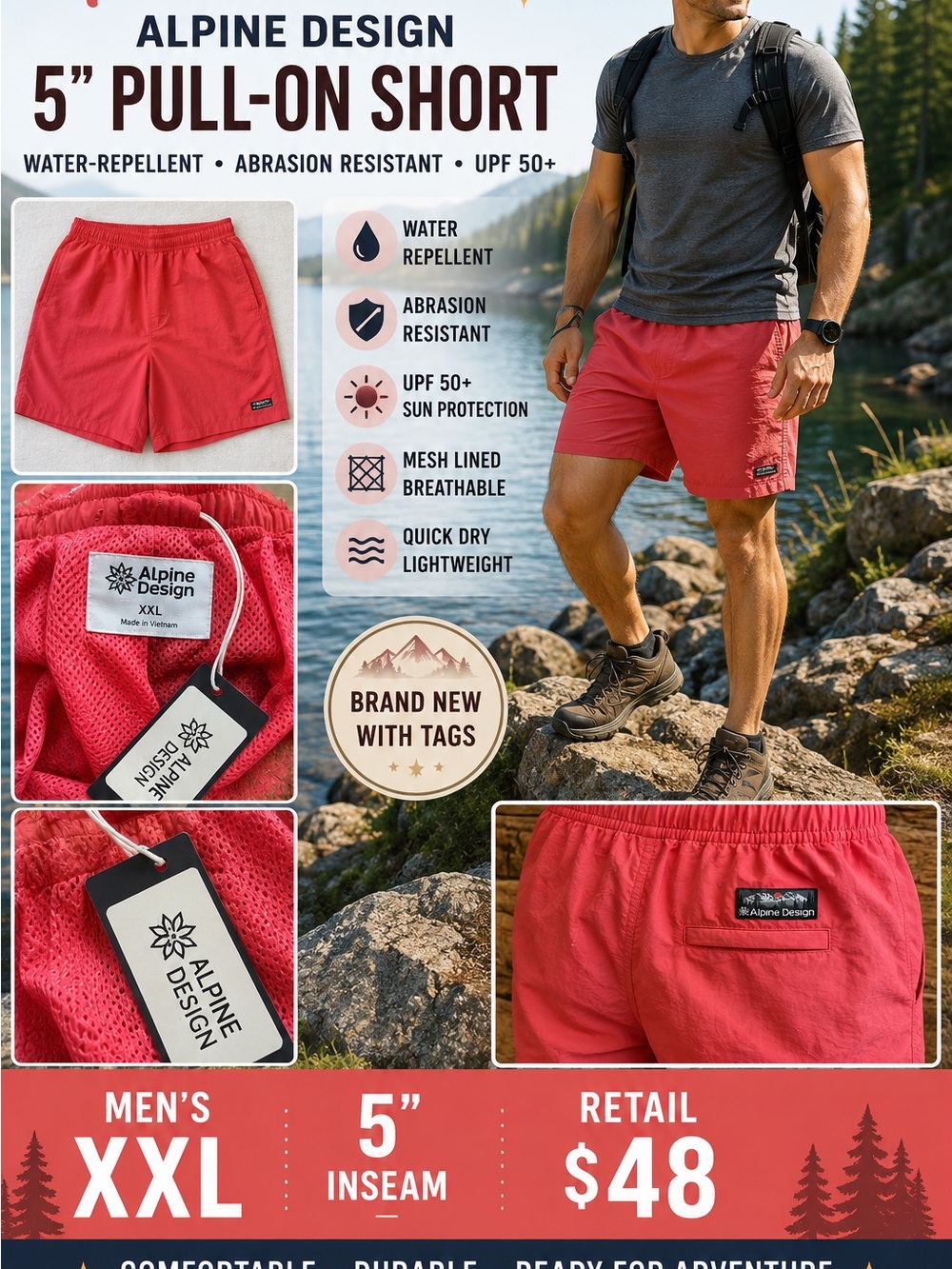 Alpine Design Men's Red Pull-On 5" Swim Trunks